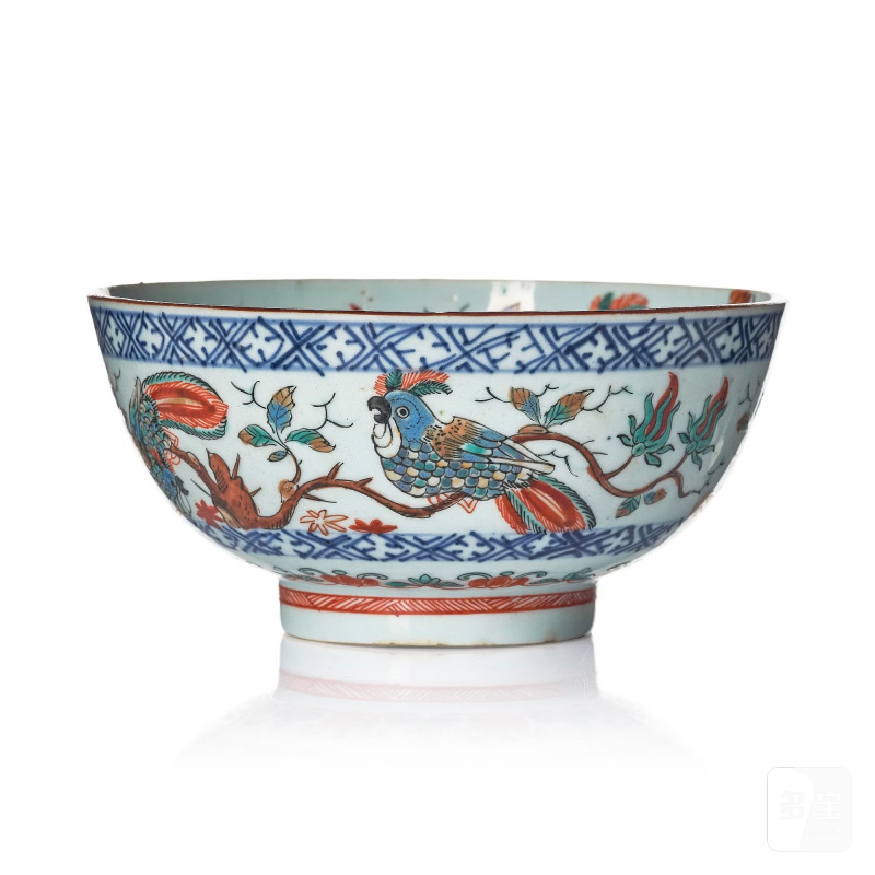 An enameled 'parrots and butterflies' bowl,